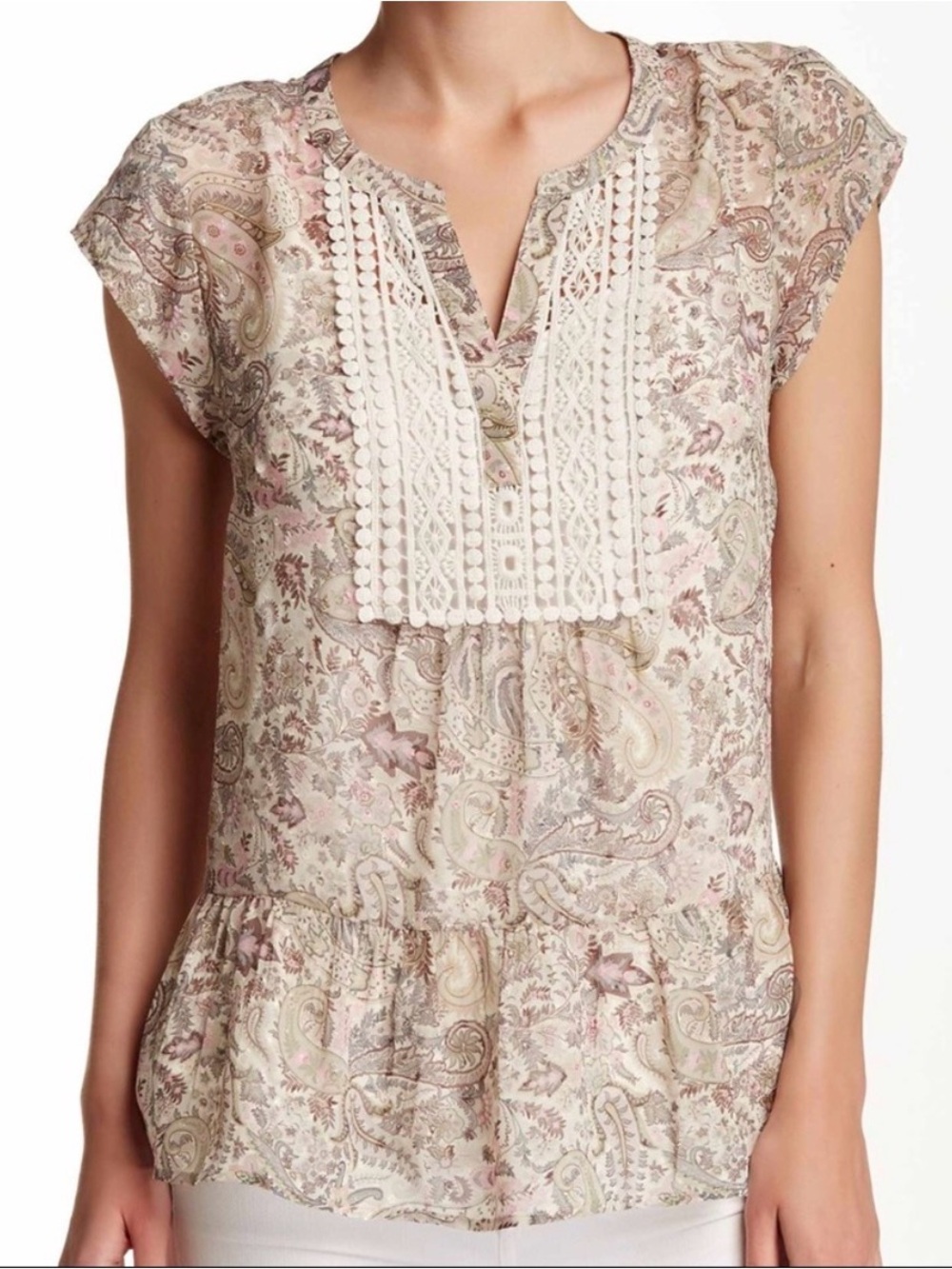 Daniel Rainn Pastel Paisley Crochet Lace V-Neck Peasant Blouse Small - Picture 2 of 6